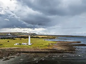 Scottish Deserted Landscapes Drucke: Rain Clouds over Barns Ness Lighthouse from a drone
