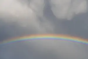Prismatic Colors In Spring Drucke: Rainbow appears in rain clouds in spring