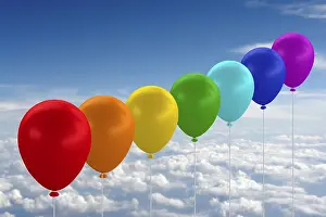 Digital Composing Artwork Drucke: Rainbow-coloured balloons on strings in a row