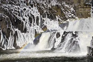 Deserted Waterfall Landscape Drucke: Rainbow on a dam, cascade in winter