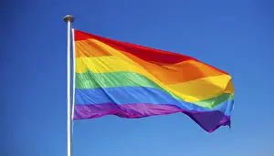 Digital Composing Of Flags Drucke: The rainbow flag flutters in the wind