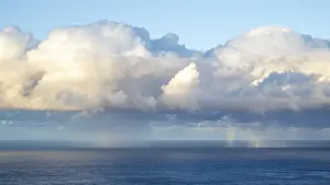 Colorful European Sky Drucke: Rainbow over sea, dark rain cloud