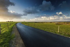 Western Europe Landscape Drucke: Empty raod in farm fields in Normandy