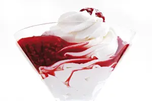 Fruit Cutout Images Drucke: Raspberry puree with whipped cream and a raspberry on top