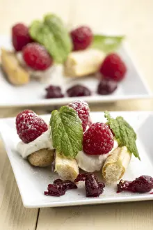 Uninhabited Dessert Table Drucke: Raspberry tiramisu on a plate
