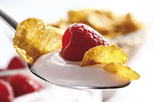 Studio Shot Breakfast Dish Drucke: Raspberry yoghurt with cornflakes on a spoon