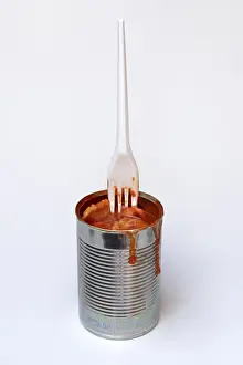 Plastic Waste Reduction Strategies Drucke: Ravioli in tin and plastic fork