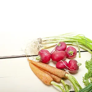 Orange Colored Vegetables Drucke: Raw root vegetable on a rustic white wood table