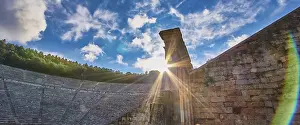 Peloponnese Greece Tourism Drucke: Rays of sun over ancient ruins