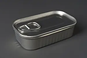 Gray Background Image Drucke: A rectangular metal tin food can with a pull tab lid is placed on a smooth gray background
