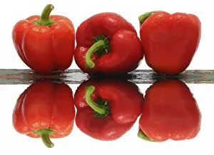 Fresh Vegetable Nutrition Facts Drucke: Three red capsicums, with reflection