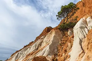 Rocky Coastline Photos Drucke: Red cliffs on sandy beach in Algrave