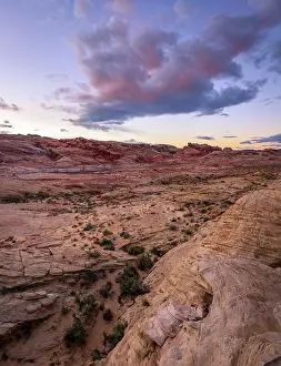 Drucke von Rote Wolken nach Sonnenuntergang über roten Sandsteinfelsen, Valley of Fire State Park, Mojave-Wüste, Nevada, USA Nevada Drucke: Rotfarbene Wolken nach Sonnenuntergang über roten Sandsteinfelsen.