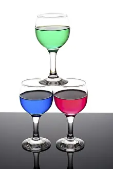 Quiet Studio Environment Photos Drucke: Red, green and blue backlit drinks with reflection