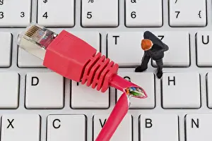 Data Transmission Online Drucke: A red network cable of a computer