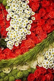 Red Coloured Blossoms In Nature Drucke: Red roses and chamomiles as pattern for wedding design