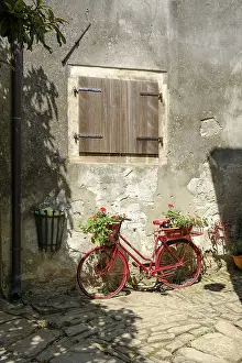 Eastern European Townscape Photography Drucke: Red wheel standing in front of wall
