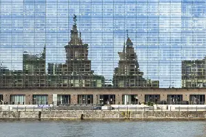 Central Europe River View Drucke: Reflection on a glass window building