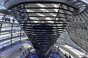 German Travel Photography Drucke: Reflections in a modern glass structure with visitors inside