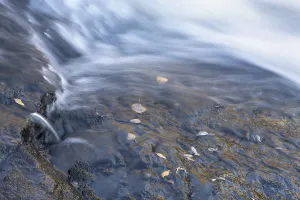 Lapland Landscape Photography Drucke: Reflections on a rock at a rushing stream