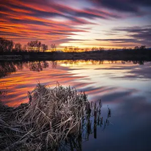 Lake Landscape Photography Drucke: Reflections of sunset at the lake