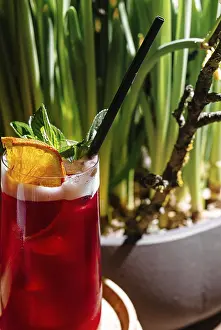 Bilder Datiert 1. Mai 2024: Erfrischender roter Cocktail mit Eis.