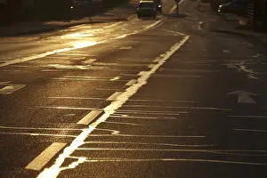 Deserted European Roads Drucke: Repairs of roads in the evening light