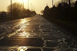Deserted European Roads Drucke: Repairs of roads in the evening light