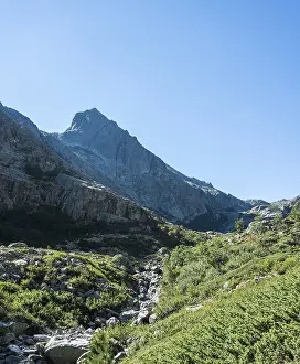 Mountain Range Europe Drucke: Restonica river flowing at its source through mountain valley