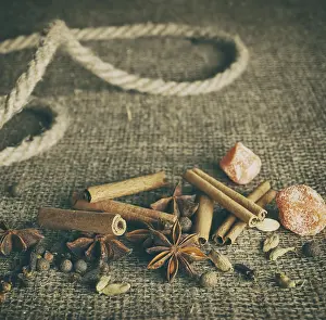Empty Grocery Aisle Photos Drucke: Retro Stylized Image Of Spices On The Burlap