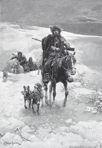 Eastern European Illustration Drucke: Return from bear hunting in Poland