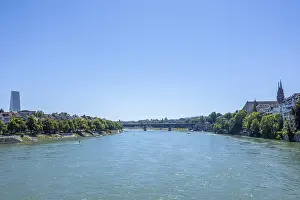 Rhine River Europe Drucke: Rhine River and Bridge with Skyscraper in Basel
