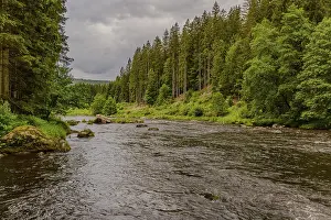 Cloudy Sky Landscape Photo Drucke: A river flows through a dense forest under a cloudy sky
