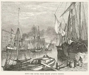 Historic Waterfront Scene Drucke: Down the river from grand avenue bridge