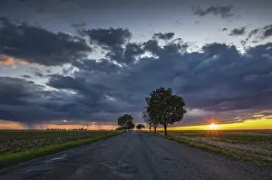 Dramatic Evening Sky Drucke: On the empty road between fields after harvesting at dramatic sunter