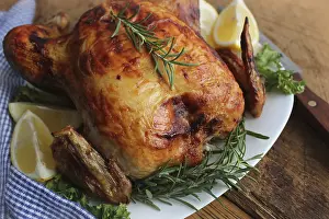 Roasted Chicken Drucke: Whole roasted chicken with herb on white dish