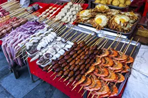 Drucke von Gegrillt, frittiert und roh gegessene Insekten, Seidenspinner, Skorpione, Käfer, Schlangen, Hundefleisch, Oktopus auf einem Stab als Snackstraßenfutter in China Skorpion Drucke: Gekocht, gebraten und roh gefangene Insekten.