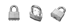 Safety Precaution Drucke: Robust padlock set of different angles isolated on a white background