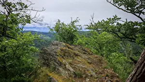 Thuringian Forest Nature Park Drucke: A rocky viewpoint in the forest under a cloudy sky