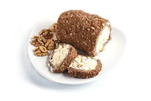 White Background Cakes Drucke: Roll cake with curd and walnuts isolated on white background
