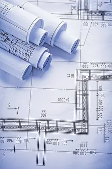 Close Up Blueprints Drucke: Rolls of blueprints with organized copyspace