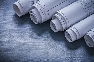 Construction Industry Drucke: Five rolls of white blueprints