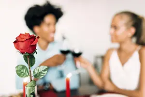 Elegant Table Setting Drucke: A romantic dinner setting featuring a red rose in focus
