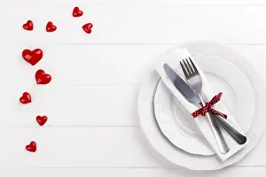 Red And White Color Scheme Drucke: Romantic table setting on white wooden table