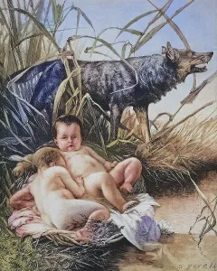 Historical Wildlife Illustrations Drucke: Romulus and Remus and the She-Wolf