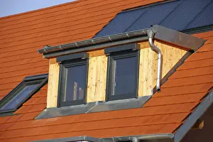 Roofer At Work Drucke: Roofer working on a new dormer window