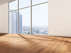 Deserted Living Space Drucke: Empty room in front of a skyline
