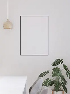 Drucke von Raum und weißer Hintergrund, Baum und Tisch, minimalistischer Stil, Rahmenform Mock-up - 3D-Rendering Minimalistische Kunstwerke Drucke: Raum und der weiße Wandhintergrund