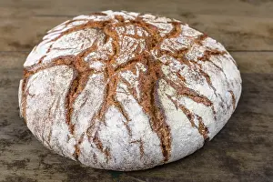 Deserted Table Scene Drucke: Round rye bread with a crispy crust and flour on an old table