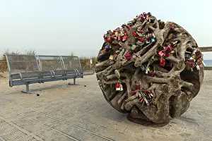 Love Padlocks Germany Drucke: Round tree root with love padlocks